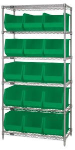 The Quantum Bin Wire Shelving System, 36L x 18D x 74H, includes six chrome-plated shelves with a load capacity of 800 lbs each and is organized with 15 QUS260 green containers for a sleek storage solution.