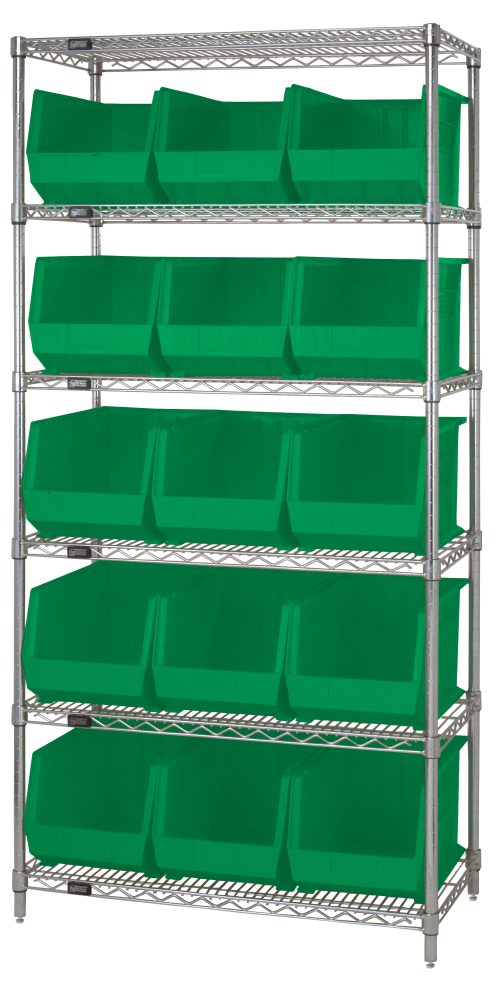 The Quantum Bin Wire Shelving System, 36L x 18D x 74H, includes six chrome-plated shelves with a load capacity of 800 lbs each and is organized with 15 QUS260 green containers for a sleek storage solution.