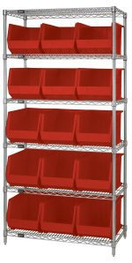 The Quantum Bin Wire Shelving System (36L x 18D x 74H) features six chrome-plated shelves, each with an 800 lbs load capacity, and includes 15 red QUS260 storage bins. The unit is shipped KD for easy assembly and offers organized storage.