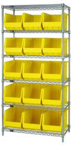 The Quantum Bin Wire Shelving System, measuring 36L x 18D x 74H, boasts a chrome-plated finish with six shelves and includes 15 QUS260 yellow containers. Each shelf has an impressive load capacity of 800 lbs, while open-front bins enhance accessibility for practicality and durability.
