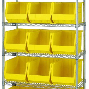 The Quantum Bin Wire Shelving System, measuring 36L x 18D x 74H, boasts a chrome-plated finish with six shelves and includes 15 QUS260 yellow containers. Each shelf has an impressive load capacity of 800 lbs, while open-front bins enhance accessibility for practicality and durability.