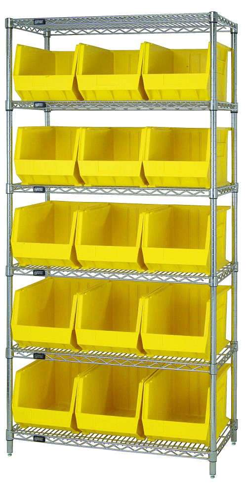 WR6-260_YL.jpg The Quantum Bin Wire Shelving System, measuring 36L x 18D x 74H, boasts a chrome-plated finish with six shelves and includes 15 QUS260 yellow containers. Each shelf has an impressive load capacity of 800 lbs, while open-front bins enhance accessibility for practicality and durability.