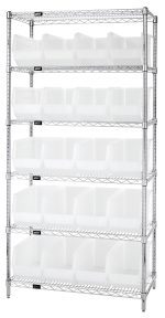 The Quantum Bin Wire Shelving System features a 36L x 18D x 74H chrome frame with six shelves, each holding 800 lbs, and includes twenty QUS265 clear containers for sleek organization.