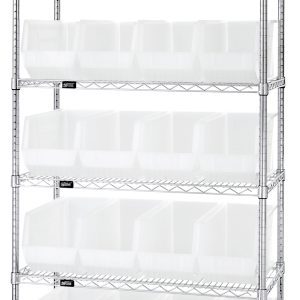 The Quantum Bin Wire Shelving System features a 36L x 18D x 74H chrome frame with six shelves, each holding 800 lbs, and includes twenty QUS265 clear containers for sleek organization.
