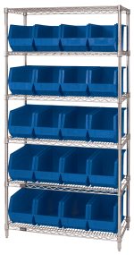 The Quantum Bin Wire Shelving System measures 36L x 18D x 74H and features a chrome-plated finish with six shelves and twenty QUS265 blue containers, offering ideal storage and organization with an 800 lbs load capacity per shelf.