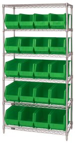 Introducing our Quantum Bin Wire Shelving System, a sleek chrome-plated unit measuring 36L x 18D x 74H. It features six shelves with an 800 lbs load capacity each and includes 20 QUS265 green containers, ideal for organizing any space.