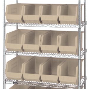 The Quantum Bin Wire Shelving System, 36L x 18D x 74H, features a chrome-plated finish with six shelves and comes with twenty QUS265 ivory containers. Each shelf supports up to 800 lbs, making it ideal for organized storage with open-topped bins for easy access. Shipped KD.