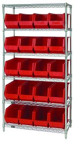 The Quantum Bin Wire Shelving System measures 36L x 18D x 74H, supports up to 800 lbs per shelf, and features a chrome-plated finish. It includes six shelves and twenty QUS265 red containers for organized storage with open-front bins, shipped knocked down (KD).