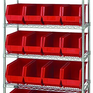 The Quantum Bin Wire Shelving System measures 36L x 18D x 74H, supports up to 800 lbs per shelf, and features a chrome-plated finish. It includes six shelves and twenty QUS265 red containers for organized storage with open-front bins, shipped knocked down (KD).