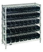 The Quantum Bin Wire Shelving System has six chrome-plated wire shelves, four posts, and 40 QSB101 black bins. With each shelf holding up to 800 lbs., this 36W x 12D x 36H unit is perfect for organized, visible storage in both industrial and home settings.
