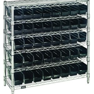 The Quantum Bin Wire Shelving System has six chrome-plated wire shelves, four posts, and 40 QSB101 black bins. With each shelf holding up to 800 lbs., this 36W x 12D x 36H unit is perfect for organized, visible storage in both industrial and home settings.