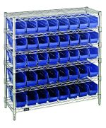 The Quantum Bin Wire Shelving System measures 36W x 12D x 36H and features six chrome-plated wire shelves, four posts, and holds up to 800 lbs per shelf. It comes with 40 Qsb101 blue bins for organized storage within a sturdy grid-like structure against a white background.