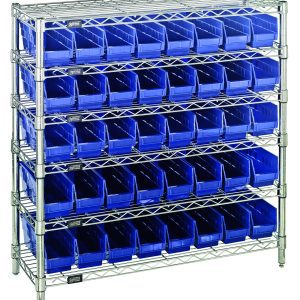 The Quantum Bin Wire Shelving System measures 36W x 12D x 36H and features six chrome-plated wire shelves, four posts, and holds up to 800 lbs per shelf. It comes with 40 Qsb101 blue bins for organized storage within a sturdy grid-like structure against a white background.