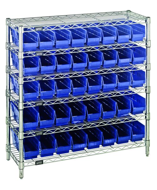 The Quantum Bin Wire Shelving System measures 36W x 12D x 36H and features six chrome-plated wire shelves, four posts, and holds up to 800 lbs per shelf. It comes with 40 Qsb101 blue bins for organized storage within a sturdy grid-like structure against a white background.