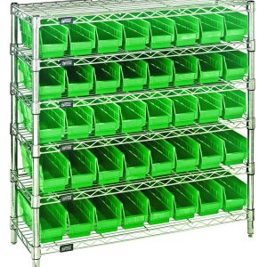 The Quantum Bin Wire Shelving System, measuring 36W x 12D x 36H overall, supports up to 800 lbs per shelf. It includes six wire shelves and features a chrome-plated finish with 40 QSB101 bright green bins for organized storage.