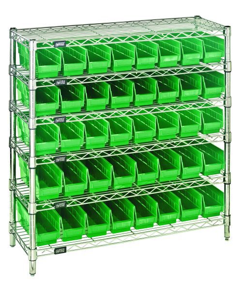 The Quantum Bin Wire Shelving System, measuring 36W x 12D x 36H overall, supports up to 800 lbs per shelf. It includes six wire shelves and features a chrome-plated finish with 40 QSB101 bright green bins for organized storage.
