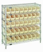 The Quantum Bin Wire Shelving System, measuring 36W x 12D x 36H, has six wire shelves and a capacity of 800 lbs per shelf. It includes four posts and 40 QSB101 ivory bins, all supported by a sturdy chrome-plated frame.