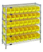 The Quantum Bin Wire Shelving System, with a chrome-plated finish and dimensions of 36W x 12D x 36H, includes six wire shelves that each support up to 800 lbs. It comes with four posts and forty QSB101 yellow bins—ideal for organizing tools or supplies in a workshop or garage.