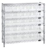 The Quantum Bin Wire Shelving System, 36W x 12D x 36H, features (6) wire shelves each holding up to 800 lbs. With chrome-plated finish and (25) QSB102 clear bins, it provides an organized storage solution with clear visibility for easy access.