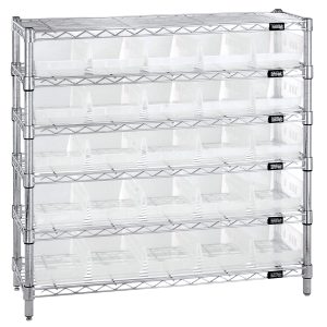 The Quantum Bin Wire Shelving System, 36W x 12D x 36H, features (6) wire shelves each holding up to 800 lbs. With chrome-plated finish and (25) QSB102 clear bins, it provides an organized storage solution with clear visibility for easy access.