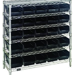 The Quantum Bin Wire Shelving System measures 36W x 12D x 36H and holds up to 800 lbs per shelf. It includes six shelves, four posts, and comes with a chrome-plated finish. The system features (25) QSB102 clear bins, perfect for organized storage.