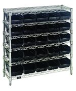 The Quantum Bin Wire Shelving System features a chrome-plated, five-tier design measuring 36W x 12D x 36H. Each shelf supports up to 800 lbs. and includes (25) QSB102 black bins for organized storage.
