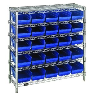 The Quantum Bin Wire Shelving System features a 36W x 12D x 36H wire frame with six chrome-plated shelves and four sturdy posts. It holds 25 blue bins, each shelf supporting up to 800 lbs for all your storage needs.