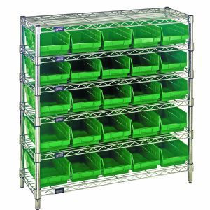 The Quantum Bin Wire Shelving System measures 36W x 12D x 36H, features six shelves, each with an 800 lb. capacity, and includes (25) QSB102 green bins. It has a chrome-plated finish and is perfect for organizing storage efficiently.
