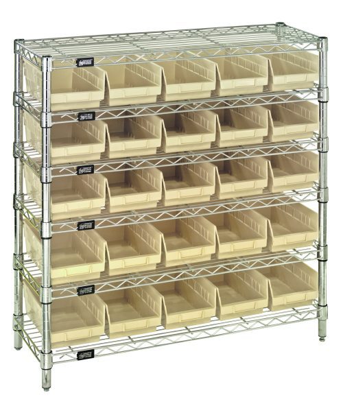 The Quantum Bin Wire Shelving System, with an overall size of 36W x 12D x 36H and a chrome-plated finish, efficiently supports up to 800 lbs per shelf. It includes six wire shelves, four posts, and 25 ivory QSB102 bins for streamlined storage and easy access.