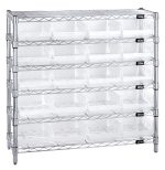 The Quantum Bin Wire Shelving System features a chrome-plated metal rack with six shelves, each holding 800 lbs. Measuring 36W x 12D x 36H overall, it includes four posts and twenty clear QSB107 bins for organized storage.