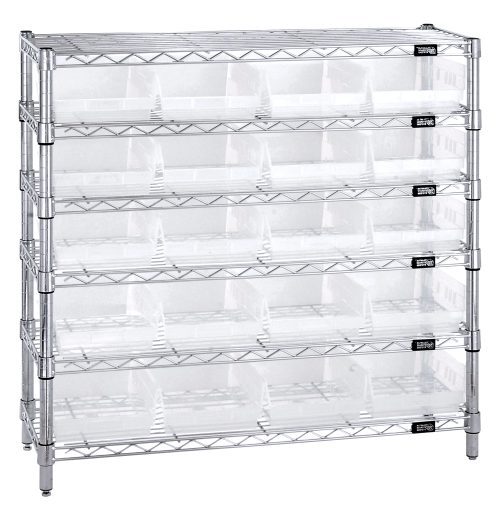 The Quantum Bin Wire Shelving System features a chrome-plated metal rack with six shelves, each holding 800 lbs. Measuring 36W x 12D x 36H overall, it includes four posts and twenty clear QSB107 bins for organized storage.
