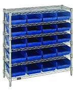 The Quantum Bin Wire Shelving System offers organized storage with four sturdy posts, a grid-like open structure, and six wire shelves. It includes 20 QSB107 blue bins, fits 36W x 12D x 36H dimensions and each shelf holds up to 800 lbs., ensuring durability and efficiency. Chrome plated finish included.