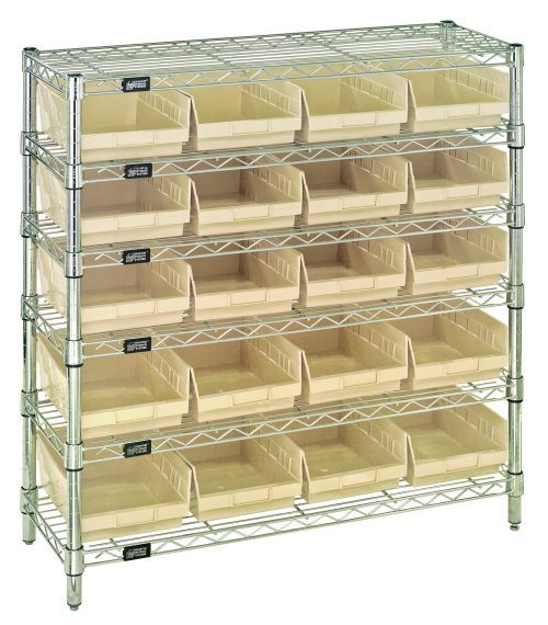 The Quantum Bin Wire Shelving System features six chrome-plated wire shelves and four posts, with a size of 36W x 12D x 36H. It includes 20 Qsb107 ivory bins, evenly distributed across the shelving for organized storage, with each shelf supporting up to 800 lbs.
