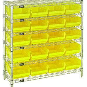 The Quantum Bin Wire Shelving System features six wire shelves and four posts, accommodating 20 vibrant QSB107 yellow bins. Each shelf supports up to 800 lbs and includes clear left-side labels for easy organization, ensuring efficient access to contents. Finished in chrome, it measures 36W x 12D x 36H.