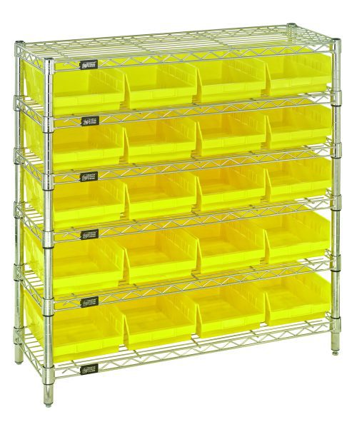 The Quantum Bin Wire Shelving System features six wire shelves and four posts, accommodating 20 vibrant QSB107 yellow bins. Each shelf supports up to 800 lbs and includes clear left-side labels for easy organization, ensuring efficient access to contents. Finished in chrome, it measures 36W x 12D x 36H.