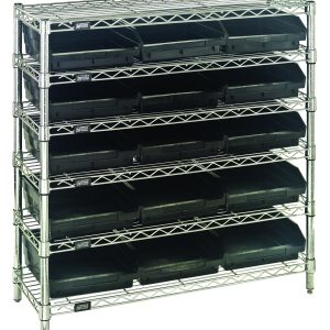 The Quantum Bin Wire Shelving System, featuring six wire shelves and four posts, is durable with an 800 lb. capacity per shelf. Measuring 36W x 12D x 36H, it includes 15 QSB109 black bins in a chrome-plated finish, ideal for sturdy and industrial storage solutions.
