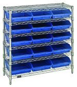The Quantum Bin Wire Shelving System, measuring 36W x 12D x 36H, with six shelves each holding up to 800 lb., includes (15) QSB109 blue bins and a chrome finish, organizing them effectively against a plain white background.