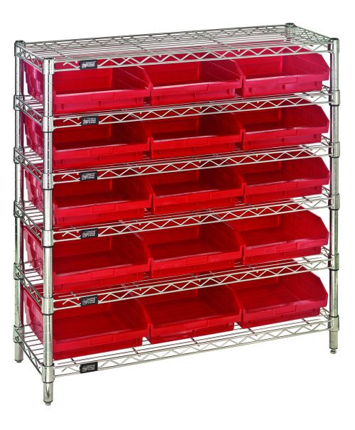 The Quantum Bin Wire Shelving System, 36W x 12D x 36H, features six shelves and includes fifteen QSB109 red bins, providing organized storage with an 800 lb. capacity per shelf and a chrome-plated finish.