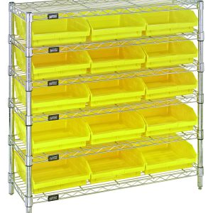 The Quantum Bin Wire Shelving System features six metal wire shelves, each with an 800 lb. capacity, and four posts. It includes fifteen QSB109 transparent yellow bins, is 36W x 12D x 36H, and has a chrome-plated finish for a practical and durable storage solution.