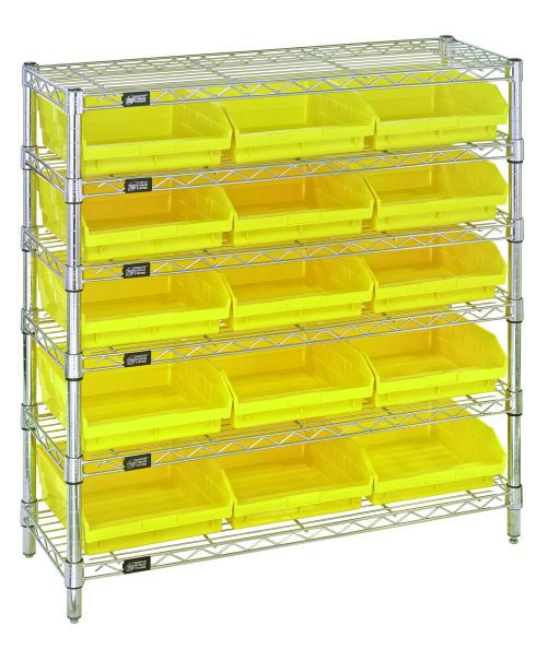 The Quantum Bin Wire Shelving System features six metal wire shelves, each with an 800 lb. capacity, and four posts. It includes fifteen QSB109 transparent yellow bins, is 36W x 12D x 36H, and has a chrome-plated finish for a practical and durable storage solution.