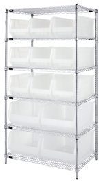 The Quantum Bin Wire Shelving System, 74 tall with a chrome finish, includes six wire shelves each capable of supporting 800 lbs. It measures 36W x 24D and features four posts supporting the shelves with nine Qus953 and four Qus954 clear bins for organized storage.