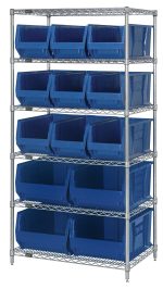 The Quantum Bin Wire Shelving System, measuring 36W x 24D x 74H, includes six wire shelves and houses five tiers of open-front blue bins with nine QUS953 and four QUS954 models, evenly spaced. Each shelf supports up to 800 lbs with a chrome-plated finish.