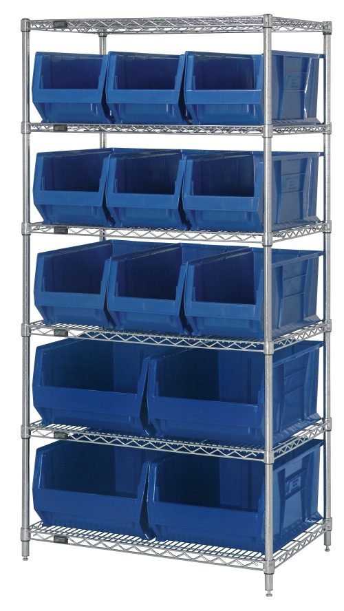 The Quantum Bin Wire Shelving System, measuring 36W x 24D x 74H, includes six wire shelves and houses five tiers of open-front blue bins with nine QUS953 and four QUS954 models, evenly spaced. Each shelf supports up to 800 lbs with a chrome-plated finish.
