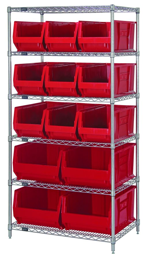 The Quantum Bin Wire Shelving System, 36W x 24D x 74H, features six wire shelves with an 800 lb. capacity per shelf and includes nine QUS953 and four QUS954 red bins. With a chrome-plated finish, its perfect for garages or workshops.