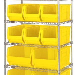 The Quantum Bin Wire Shelving System, 36W x 24D x 74H, features six chrome-plated wire shelves with an 800 lb. capacity each. It includes nine QUS953 and four QUS954 bright yellow plastic bins, designed open at the front for easy access, combining functionality with a robust industrial design.