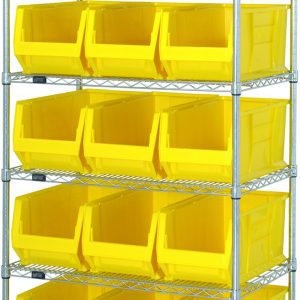 The Quantum Bin Wire Shelving System features a 36W x 24D x 74H size with a chrome-plated finish. Each of its six wire shelves can hold up to 800 lb. Organize with its four sturdy posts and fifteen Qus953 large yellow bins, providing a sleek look against any white background.