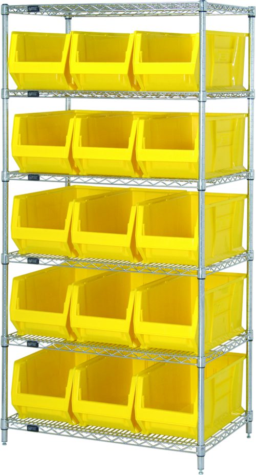 The Quantum Bin Wire Shelving System features a 36W x 24D x 74H size with a chrome-plated finish. Each of its six wire shelves can hold up to 800 lb. Organize with its four sturdy posts and fifteen Qus953 large yellow bins, providing a sleek look against any white background.
