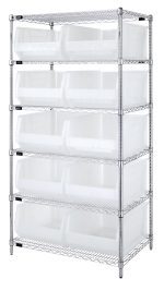 The Quantum Bin Wire Shelving System measures 36W x 24D x 74H, holding up to 800 lbs per shelf. It includes six wire shelves supported by a grid-like chrome-plated frame, four posts, and ten QUS954 clear bins, offering perfect organization with sturdy construction.
