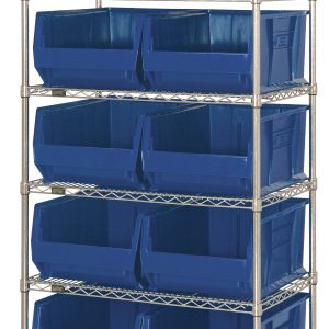The Quantum Bin Wire Shelving System measures 36W x 24D x 74H and features six chrome-plated wire shelves, four posts, and ten QUS954 blue bins with open fronts for easy access. Perfect for organizing tools or supplies efficiently with its simple industrial design.