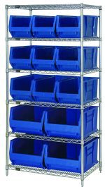 The Quantum Bin Wire Shelving System (36W x 30D x 74H) includes six chrome-plated wire shelves, each with an 800 lb capacity, four posts, nine QUS973 bins, and four QUS974 blue bins. Its open-front design allows easy access to enhance organization and efficiency.